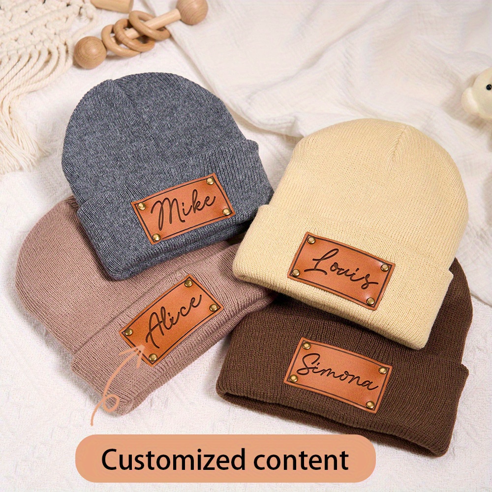 Knit Beanie Hat Warm - Custom Leather Patch Beanie Custom Name