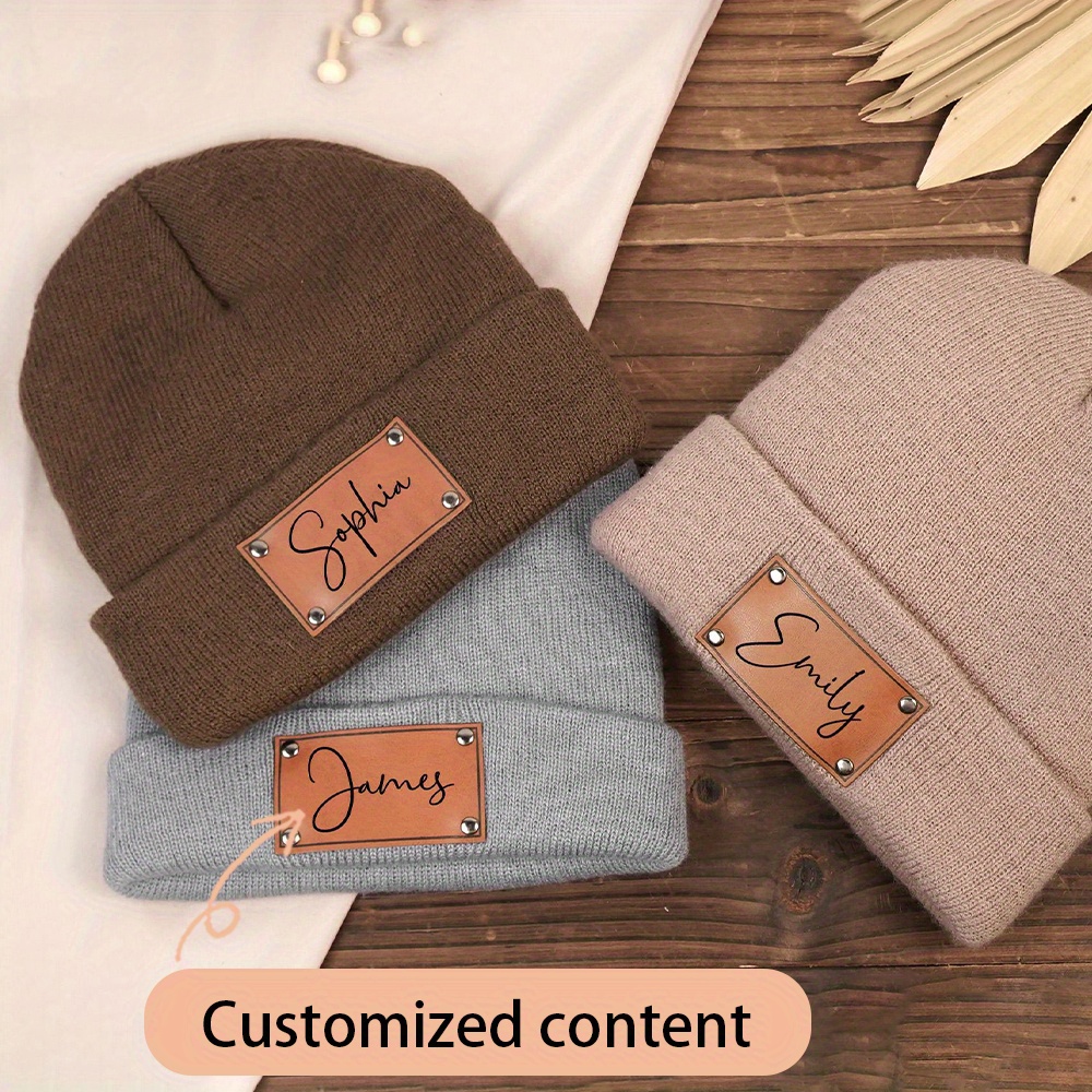 Knit Beanie Hat Warm - Custom Name Leather Label Knit Beanie