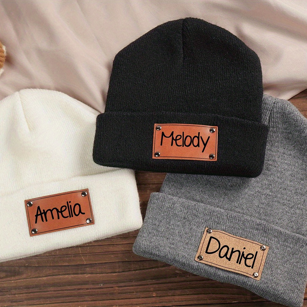Custom Name Leather Label Knit - Knit Beanie Hat Warm ulasan dan harga